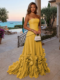 Chiffon A-Line/Princess Strapless Floor-Length Evening Dresses with Sweep Train & Pleats