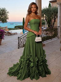 Chiffon A-Line/Princess Strapless Floor-Length Evening Dresses with Sweep Train & Pleats