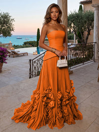 Chiffon A-Line/Princess Strapless Floor-Length Evening Dresses with Sweep Train & Pleats