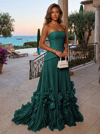 Chiffon A-Line/Princess Strapless Floor-Length Evening Dresses with Sweep Train & Pleats