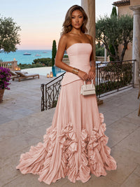 Chiffon A-Line/Princess Strapless Floor-Length Evening Dresses with Sweep Train & Pleats