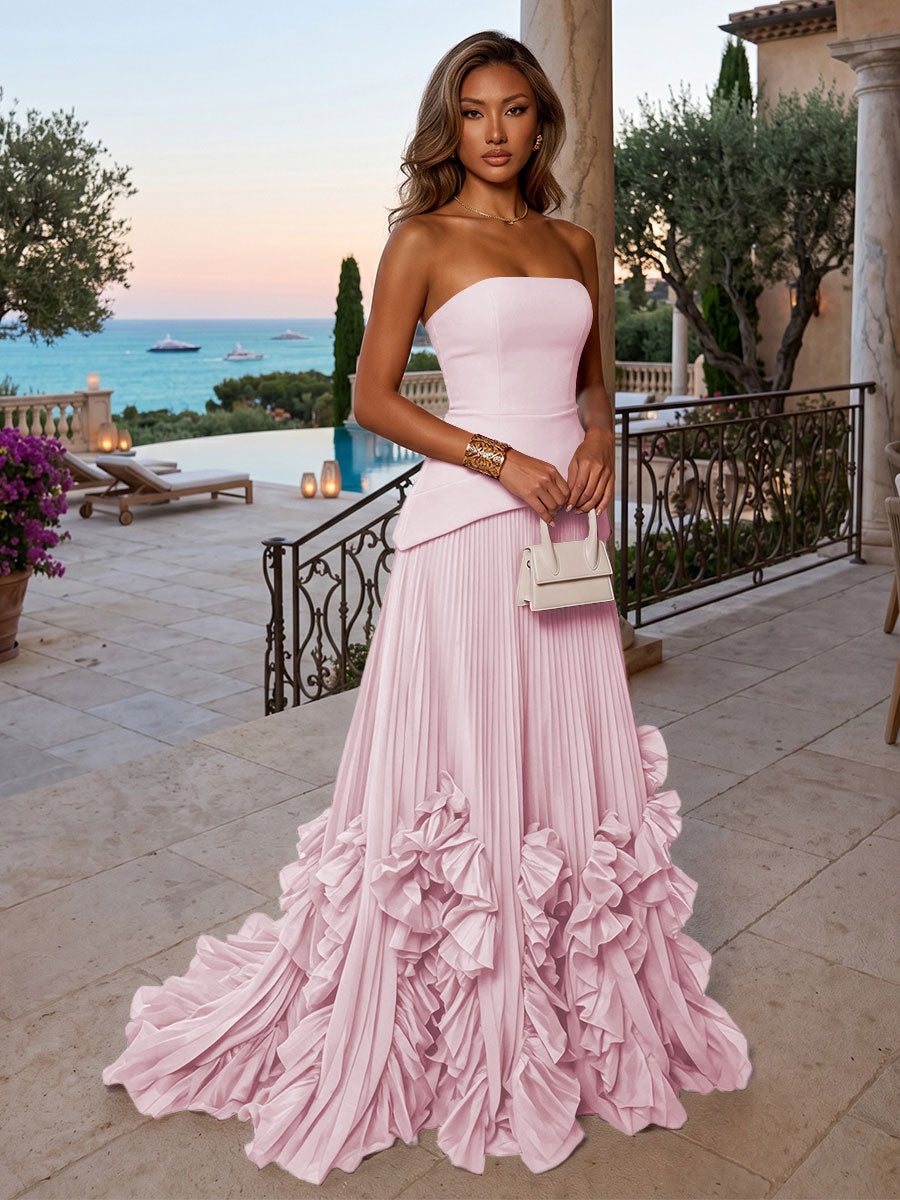 Chiffon A-Line/Princess Strapless Floor-Length Evening Dresses with Sweep Train & Pleats
