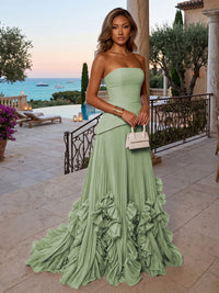 Chiffon A-Line/Princess Strapless Floor-Length Evening Dresses with Sweep Train & Pleats