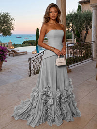 Chiffon A-Line/Princess Strapless Floor-Length Evening Dresses with Sweep Train & Pleats