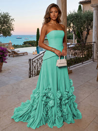 Chiffon A-Line/Princess Strapless Floor-Length Evening Dresses with Sweep Train & Pleats