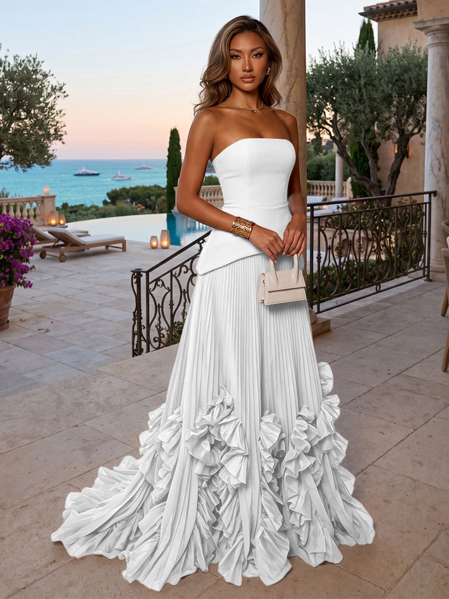 Chiffon A-Line/Princess Strapless Floor-Length Evening Dresses with Sweep Train & Pleats