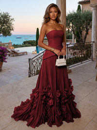 Chiffon A-Line/Princess Strapless Floor-Length Evening Dresses with Sweep Train & Pleats