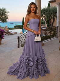 Chiffon A-Line/Princess Strapless Floor-Length Evening Dresses with Sweep Train & Pleats