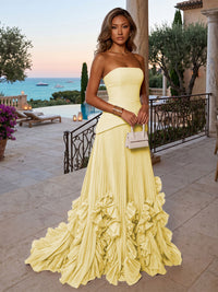 Chiffon A-Line/Princess Strapless Floor-Length Evening Dresses with Sweep Train & Pleats
