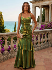 Metallic Satin Mermaid/Trumpet Spaghetti Straps Floor-Length Evening Dresses with Tiered Layers & Pleats