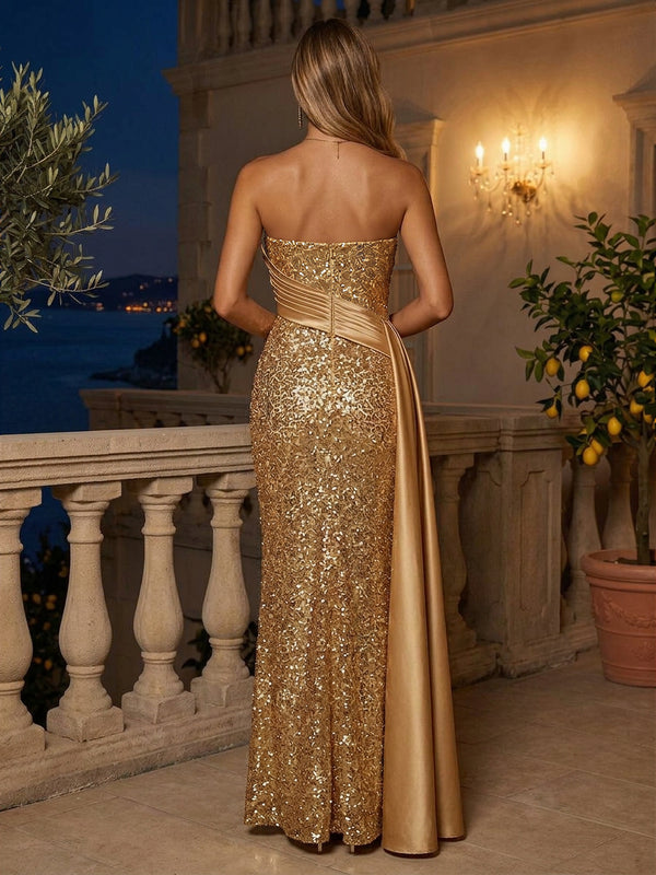 Sequin Sheath/Column Strapless Floor-Length Evening Dresses with Ruched Satin Bodice