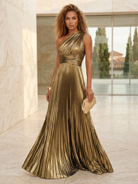 Metallic Satin A-Line/Princess One Shoulder Floor-Length Evening Dresses with Pleats