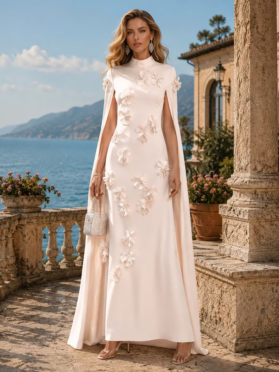 Satin A-Line/Princess High Neck Floor-Length Evening Dresses with 3D Flowers