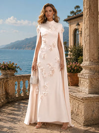 Satin A-Line/Princess High Neck Floor-Length Evening Dresses with 3D Flowers
