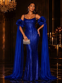 Sequin Sheath/Column Spaghetti Straps Floor-Length Evening Dresses with Flowing Chiffon Streamers