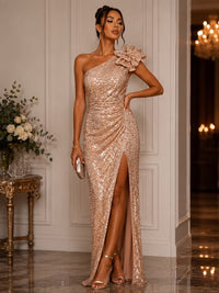 Sequin Sheath/Column One Shoulder Floor-Length Evening Dresses with Ruched Waist & Slit