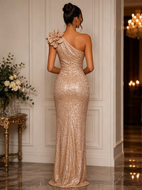 Sequin Sheath/Column One Shoulder Floor-Length Evening Dresses with Ruched Waist & Slit