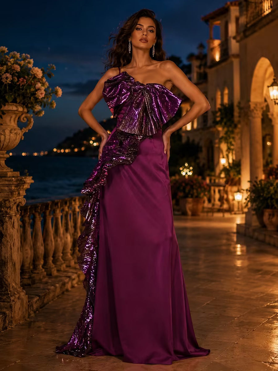 Satin Sheath/Column One Shoulder Floor-Length Evening Dresses with Sequin Ruffles