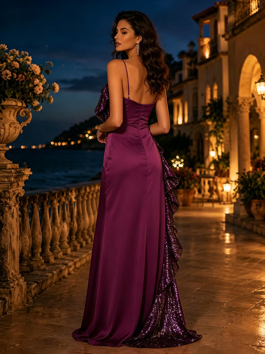 Satin Sheath/Column One Shoulder Floor-Length Evening Dresses with Sequin Ruffles