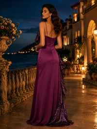 Satin Sheath/Column One Shoulder Floor-Length Evening Dresses with Sequin Ruffles