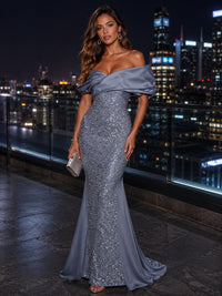 Sequin Mermaid/Trumpet Off Shoulder Floor-Length Evening Dresses with Satin Sweep Train