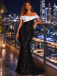 Sequin Mermaid/Trumpet Off Shoulder Floor-Length Evening Dresses with Ruched Satin Bodice