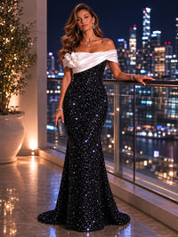Sequin Mermaid/Trumpet Off Shoulder Floor-Length Evening Dresses with Ruched Satin Bodice