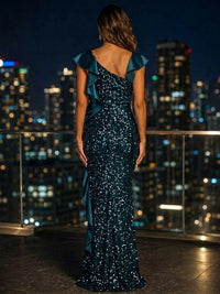 Sequin Sheath/Column Asymmetric Neck Floor-Length Evening Dresses with Satin Ruffles