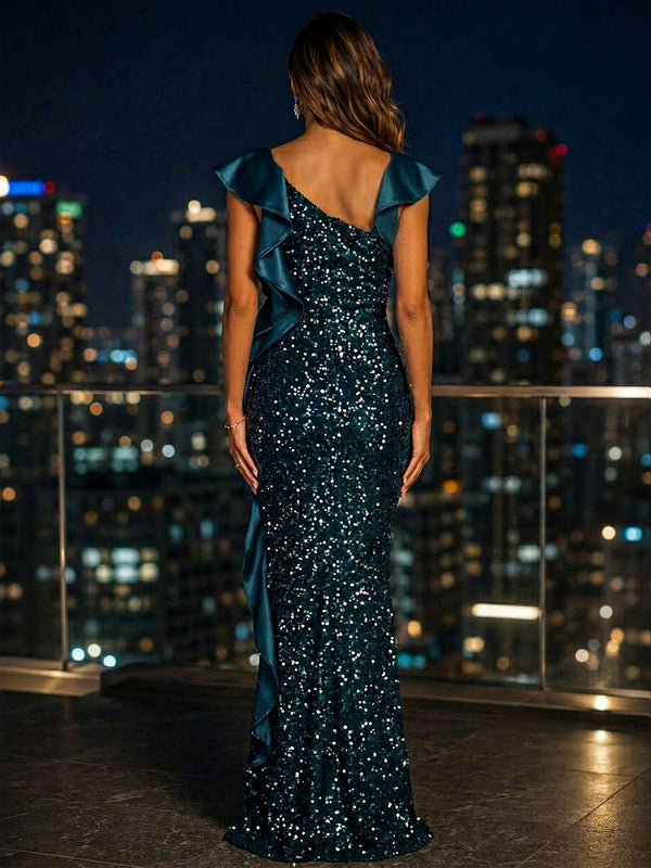 Sequin Sheath/Column Asymmetric Neck Floor-Length Evening Dresses with Satin Ruffles