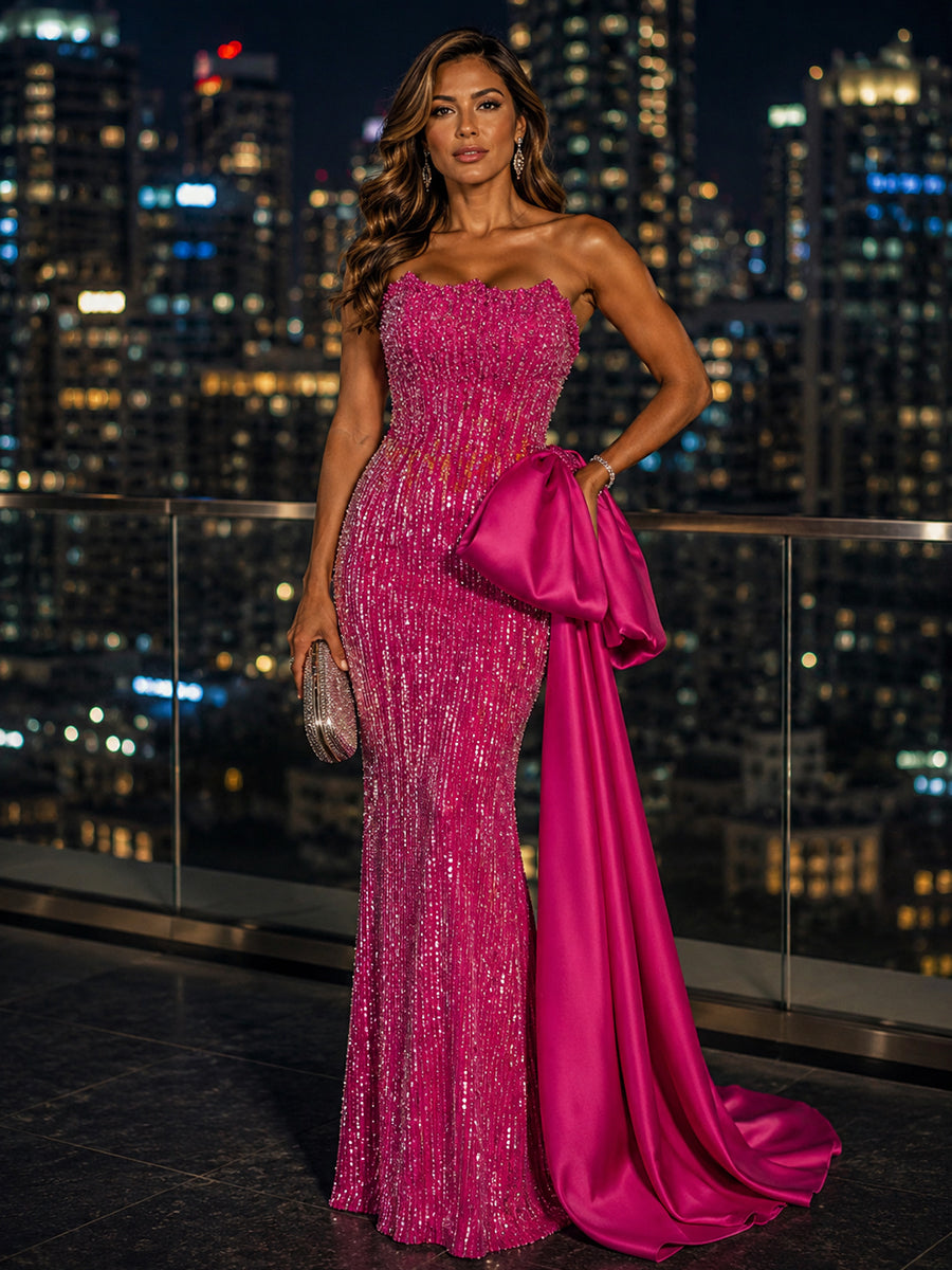 Sequin Sheath/Column Strapless Floor-Length Evening Dresses with Satin Sweep Train