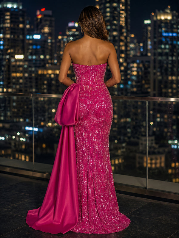 Sequin Sheath/Column Strapless Floor-Length Evening Dresses with Satin Sweep Train