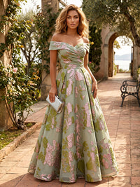 Jacquard A-Line/Princess Off Shoulder Floor-Length Evening Dresses with Ruched Waist