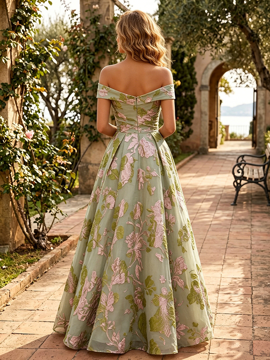 Jacquard A-Line/Princess Off Shoulder Floor-Length Evening Dresses with Ruched Waist