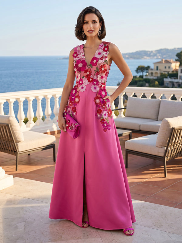 Satin A-Line/Princess V-Neck Floor-Length Evening Dresses with Appliques