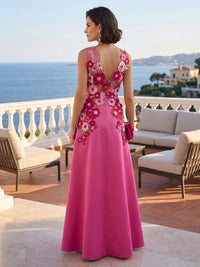 Satin A-Line/Princess V-Neck Floor-Length Evening Dresses with Appliques