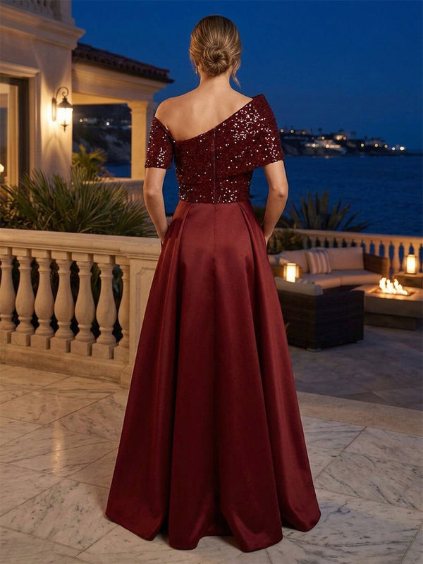 Satin A-Line/Princess Off Shoulder Floor-Length Evening Dresses with Sequin Bodice