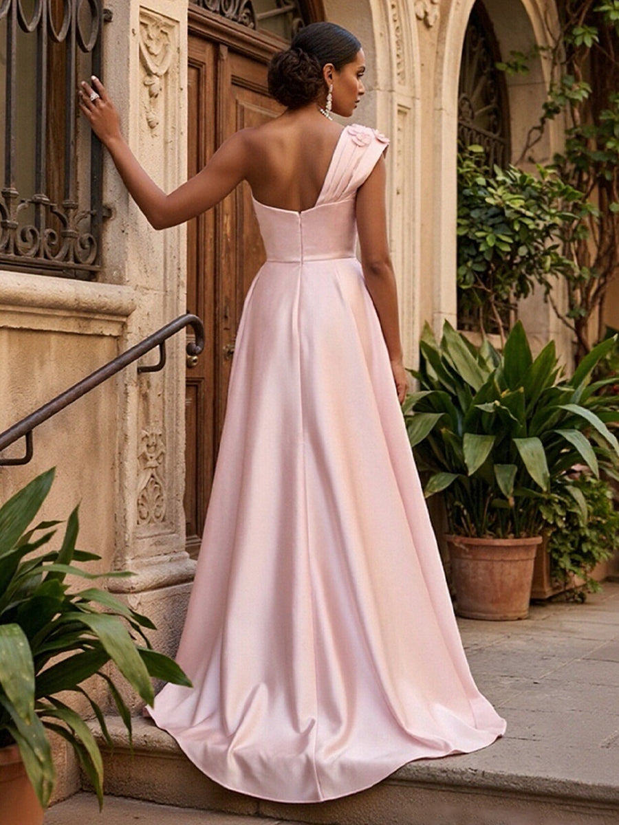 Satin A-Line/Princess One Shoulder Floor-Length Evening Dresses with 3D Flowers & Ruched Waist