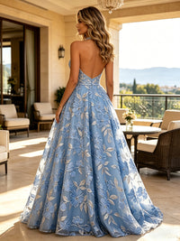 Jacquard A-Line/Princess Halter Floor-Length Evening Dresses for Women