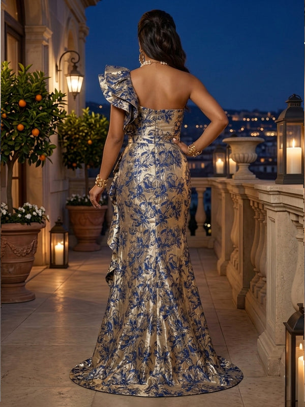 Jacquard Mermaid/Trumpet One Shoulder Floor-Length Evening Dresses with Ruffles & Slit