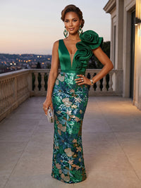 Sequin Floral Sheath/Column V-Neck Floor-Length Evening Dresses with Satin Ruffles