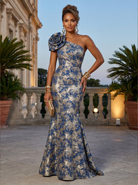 Jacquard Mermaid/Trumpet One Shoulder Floor-Length Evening Dresses with Flower