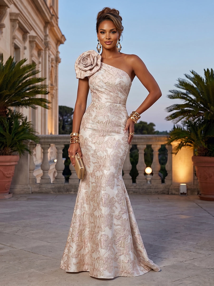 Jacquard Mermaid/Trumpet One Shoulder Floor-Length Evening Dresses with Flower