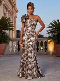 Jacquard Mermaid/Trumpet One Shoulder Floor-Length Evening Dresses with Flower