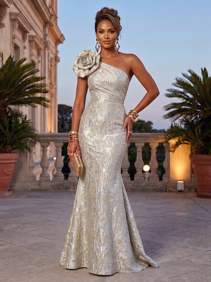 Jacquard Mermaid/Trumpet One Shoulder Floor-Length Evening Dresses with Flower