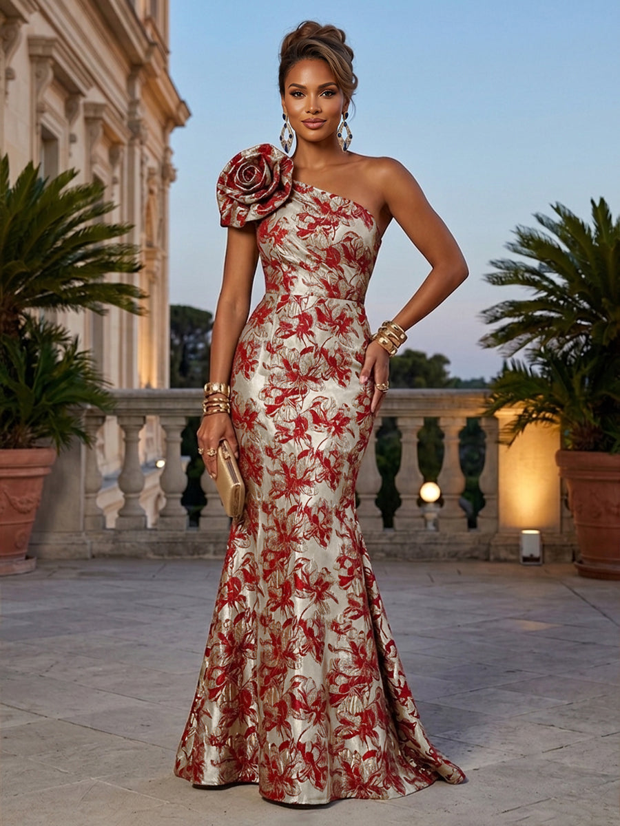 Jacquard Mermaid/Trumpet One Shoulder Floor-Length Evening Dresses with Flower