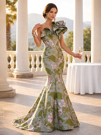Jacquard Mermaid/Trumpet One Shoulder Floor-Length Evening Dresses with Ruffles