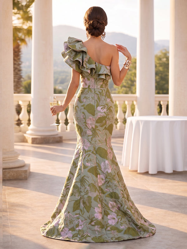Jacquard Mermaid/Trumpet One Shoulder Floor-Length Evening Dresses with Ruffles