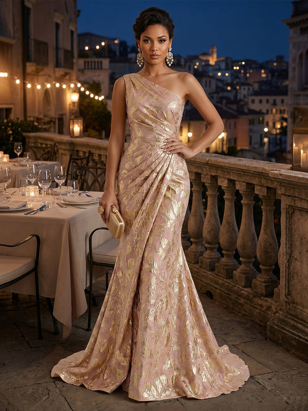 Jacquard Mermaid/Trumpet One Shoulder Floor-Length Evening Dresses with Ruched Waist