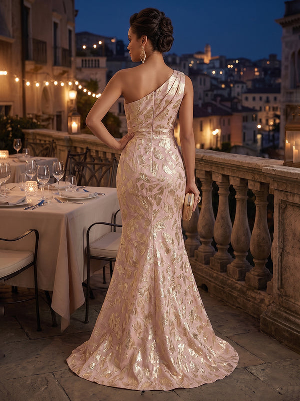Jacquard Mermaid/Trumpet One Shoulder Floor-Length Evening Dresses with Ruched Waist