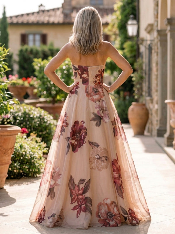 Floral Print A-Line/Princess Strapless Floor-Length Evening Dresses for Women